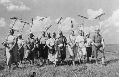 В поле с другими труженицами