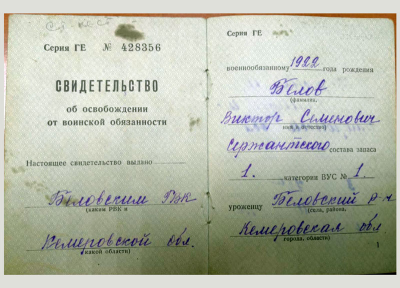Свидетельство об освобождении от воинской обязанности (1 стр.)