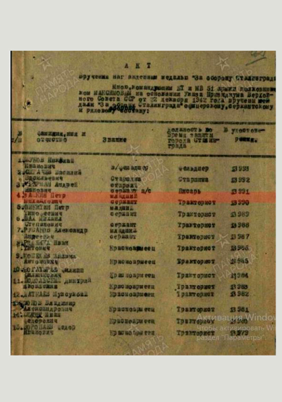 Акт вручения медали &laquo;За оборону Сталинграда&raquo;