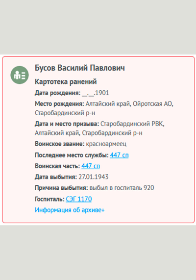 Информация из Картотеки ранений (с сайта Память народа)