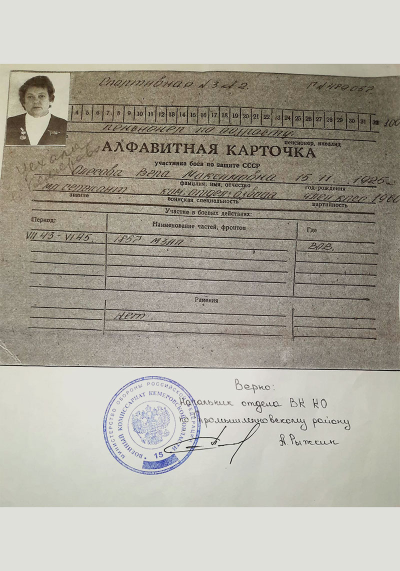 Алфавитная карточка участников боев по защите СССР