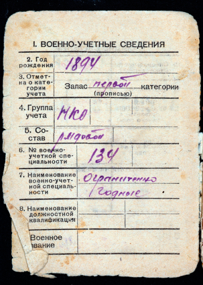 Страница из Военного билета Бобрикова И.И.