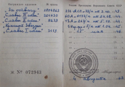 Удостоверение   орден Славы I, II, III степени.
