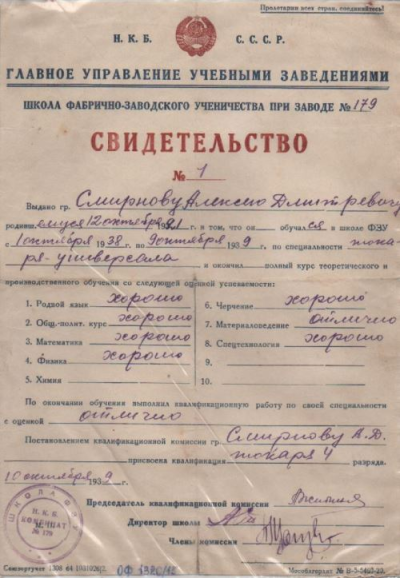 Смирнов А. Свидетельство Школа фабрично-заводского ученичества