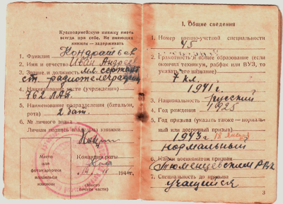 Кондратьев И.А. Красноармейская книжка, 2 разворот