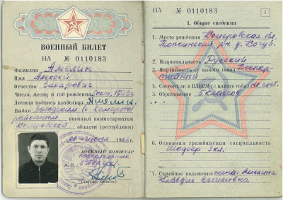 Военный билет Амелина Алексея Захаровича
